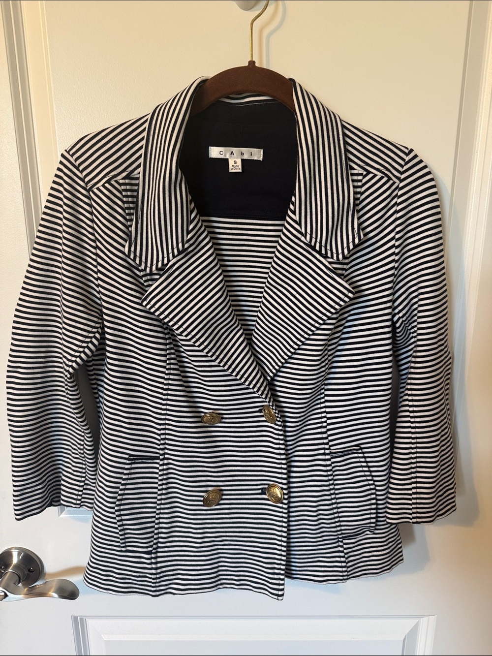 CAbi Women’s Small Striped Double-Breasted 3/4 Sleeve Knit Blazer Nautical
